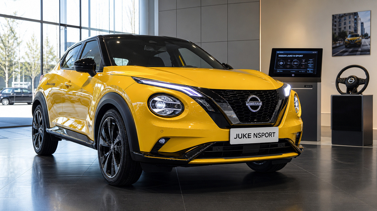 Carro Nissan Juke NSport amarelo exibido em showroom moderno com iluminação natural e detalhes em preto.