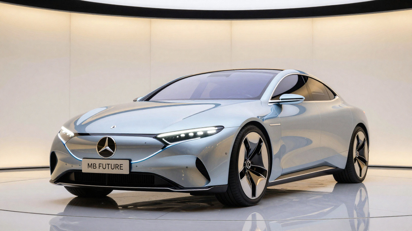 Carro elétrico conceito Mercedes-Benz prateado em estúdio com iluminação suave e fundo claro.