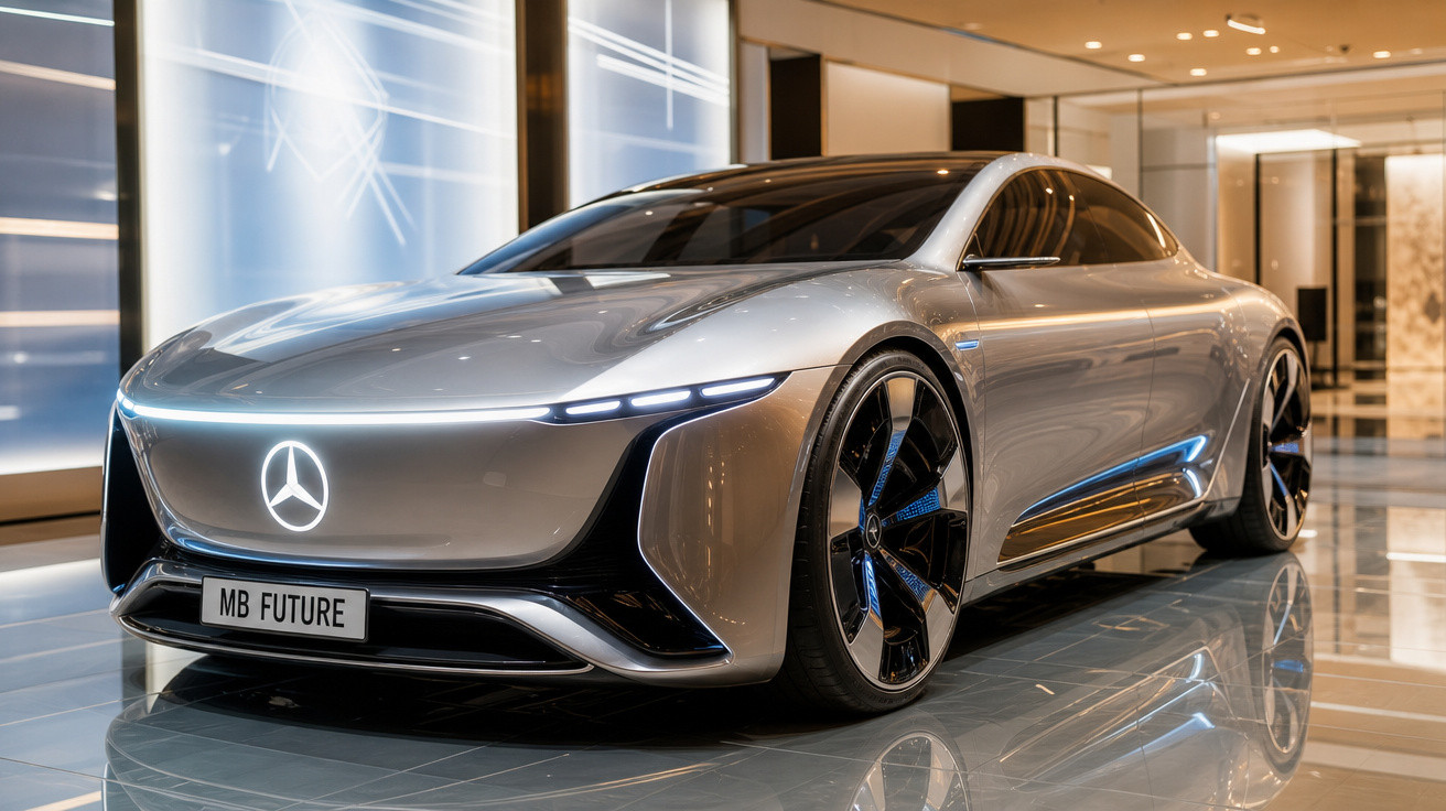 Carro conceito elétrico prateado da Mercedes-Benz com design futurista em ambiente interno moderno.