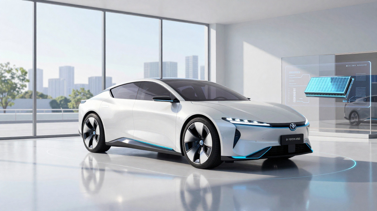Carro elétrico branco moderno em ambiente interno com grandes janelas e visão de cidade ao fundo.