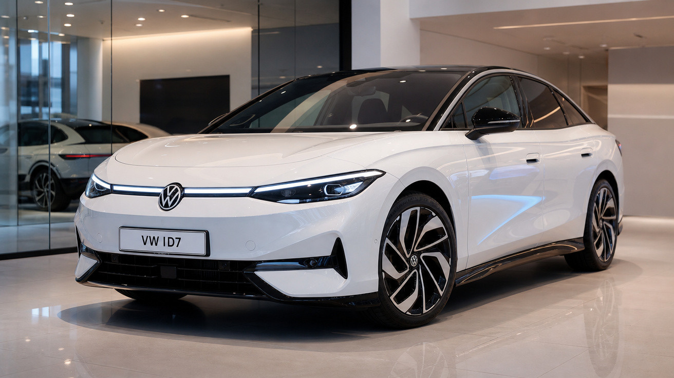 Carro elétrico branco Volkswagen ID.7 mostrado em ambiente interno moderno e iluminado.
