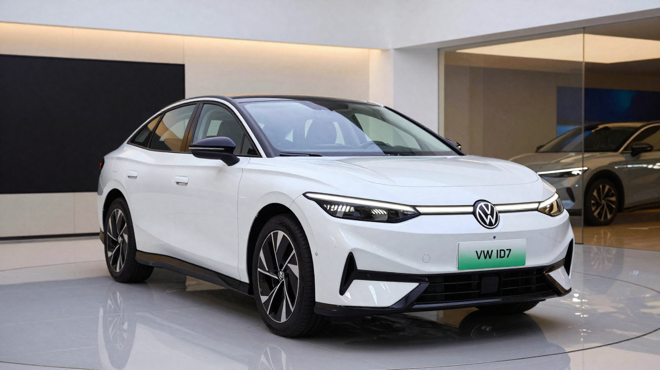 Carro elétrico branco Volkswagen ID.7 em sala de exposição com piso espelhado e paredes claras.