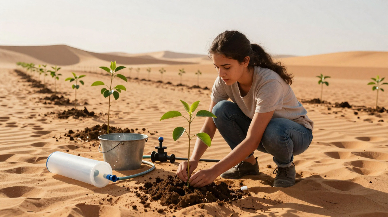 Mulher jovem plantando árvores em solo arenoso, cercada por mudas e equipamentos de irrigação.