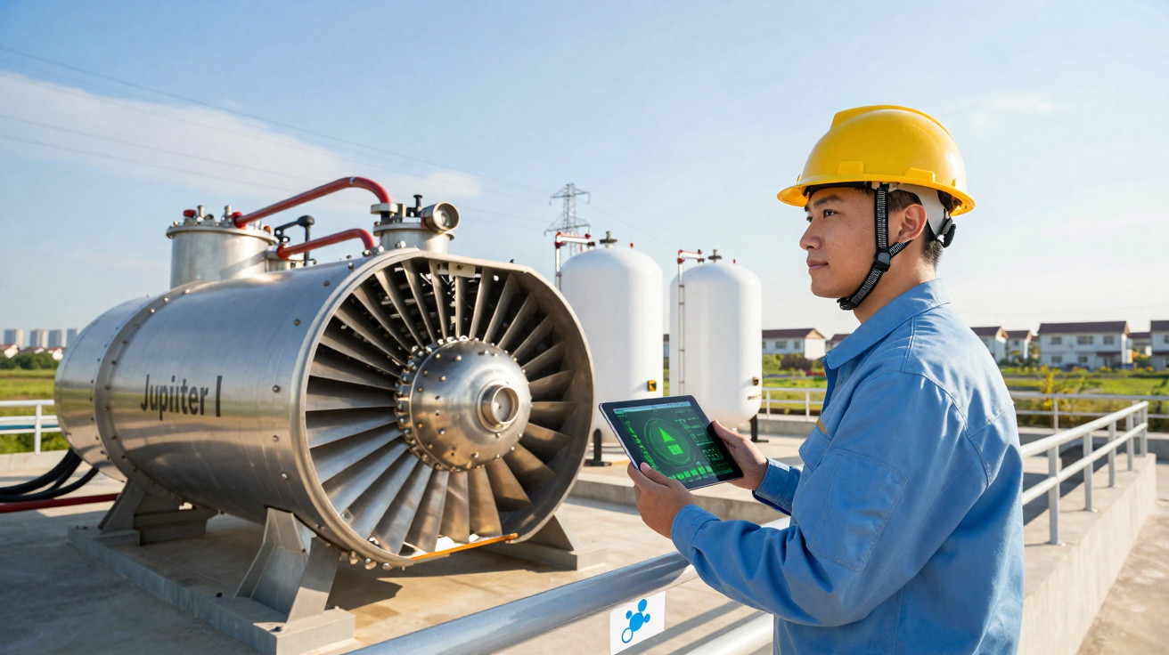Engenheiro com capacete amarelo usando tablet para inspecionar equipamento industrial ao ar livre.