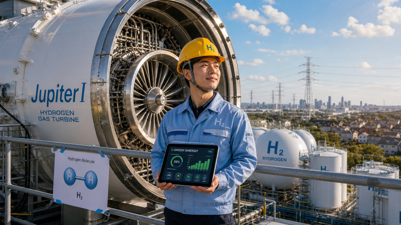 Homem com capacete amarelo segura tablet com gráfico em frente a turbina de gás de hidrogênio em planta industrial.