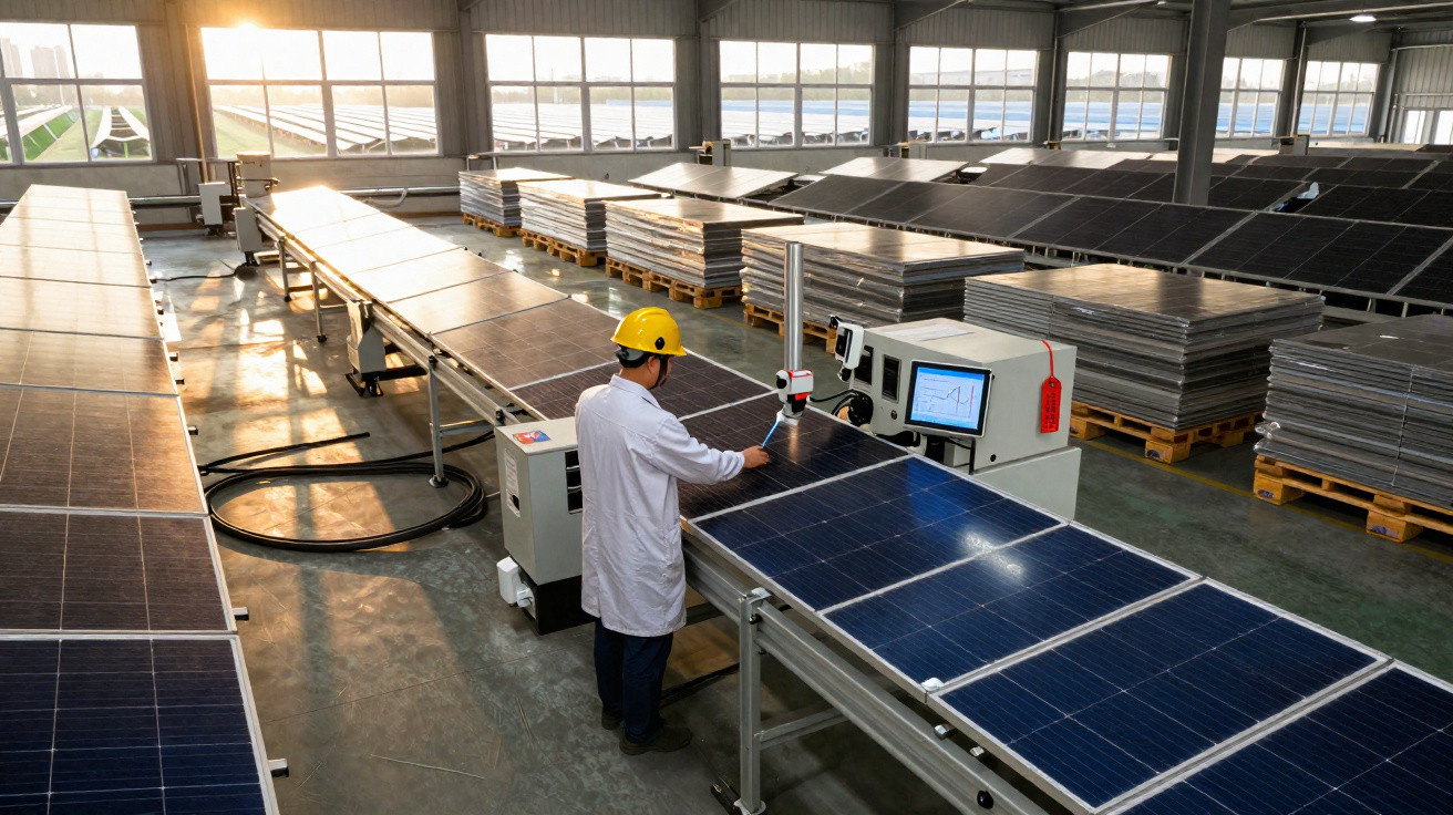 Técnico inspecionando painéis solares em fábrica ampla com pilhas de painéis e luz do sol entrando.