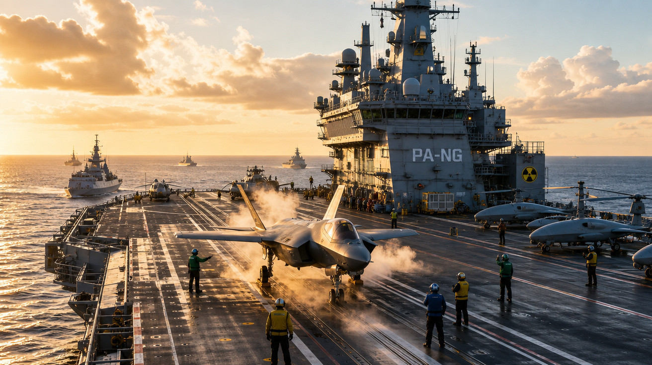 Porta-aviões com avião de combate no convés e tripulação em ação ao pôr do sol no mar.