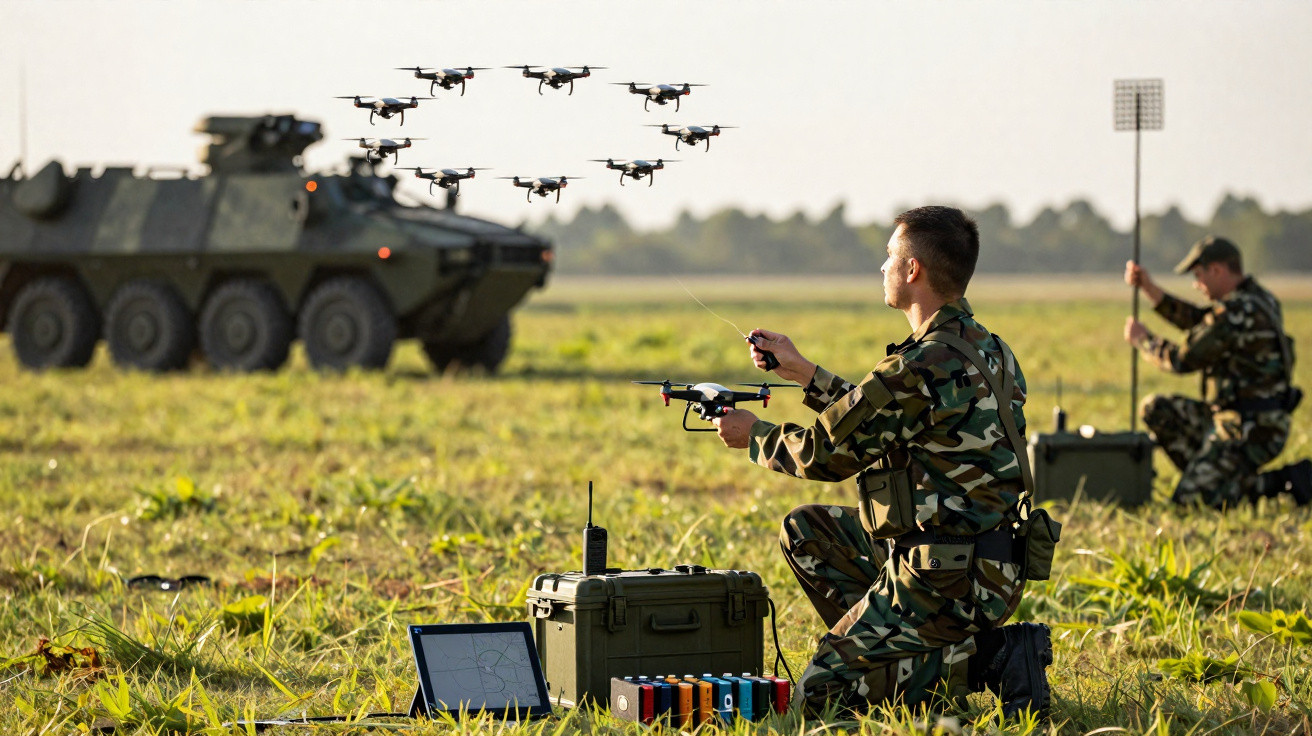 Militar operando drones em campo aberto com veículo blindado ao fundo durante treinamento.