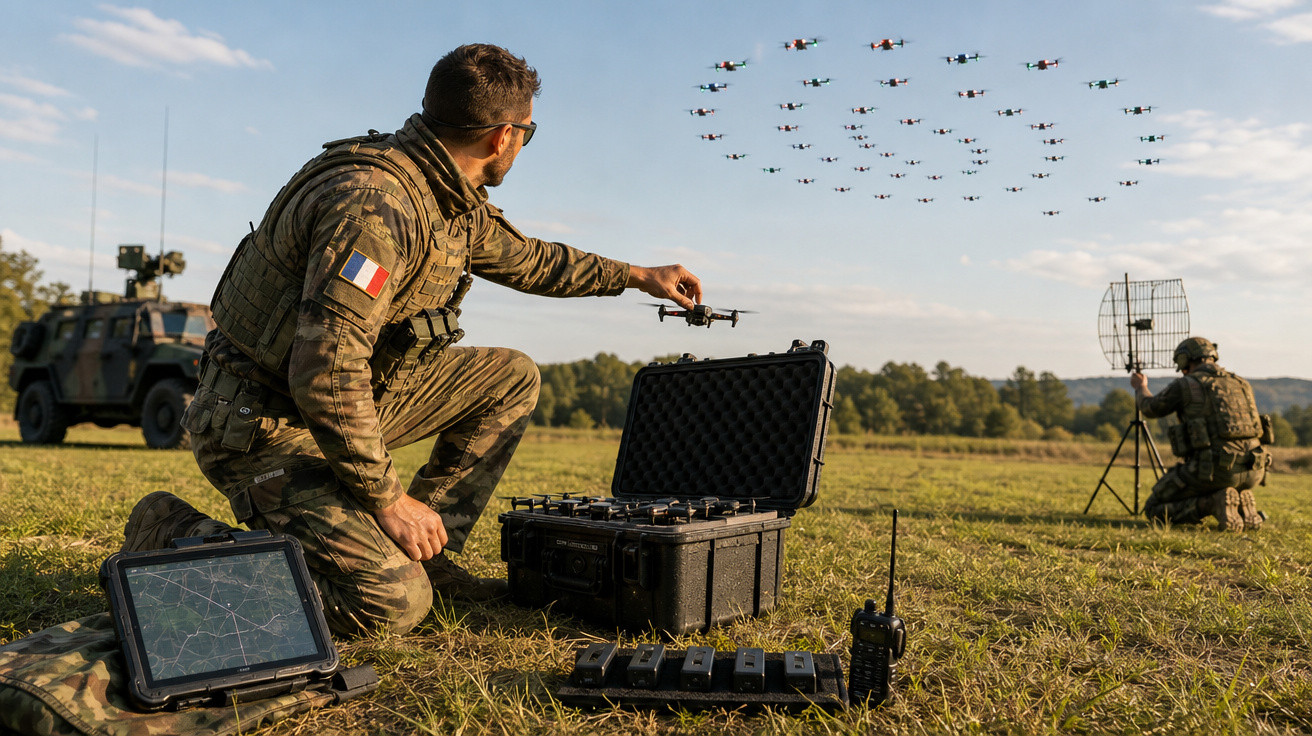 Soldado operando drone enquanto outro controla equipamento de rádio em campo aberto.