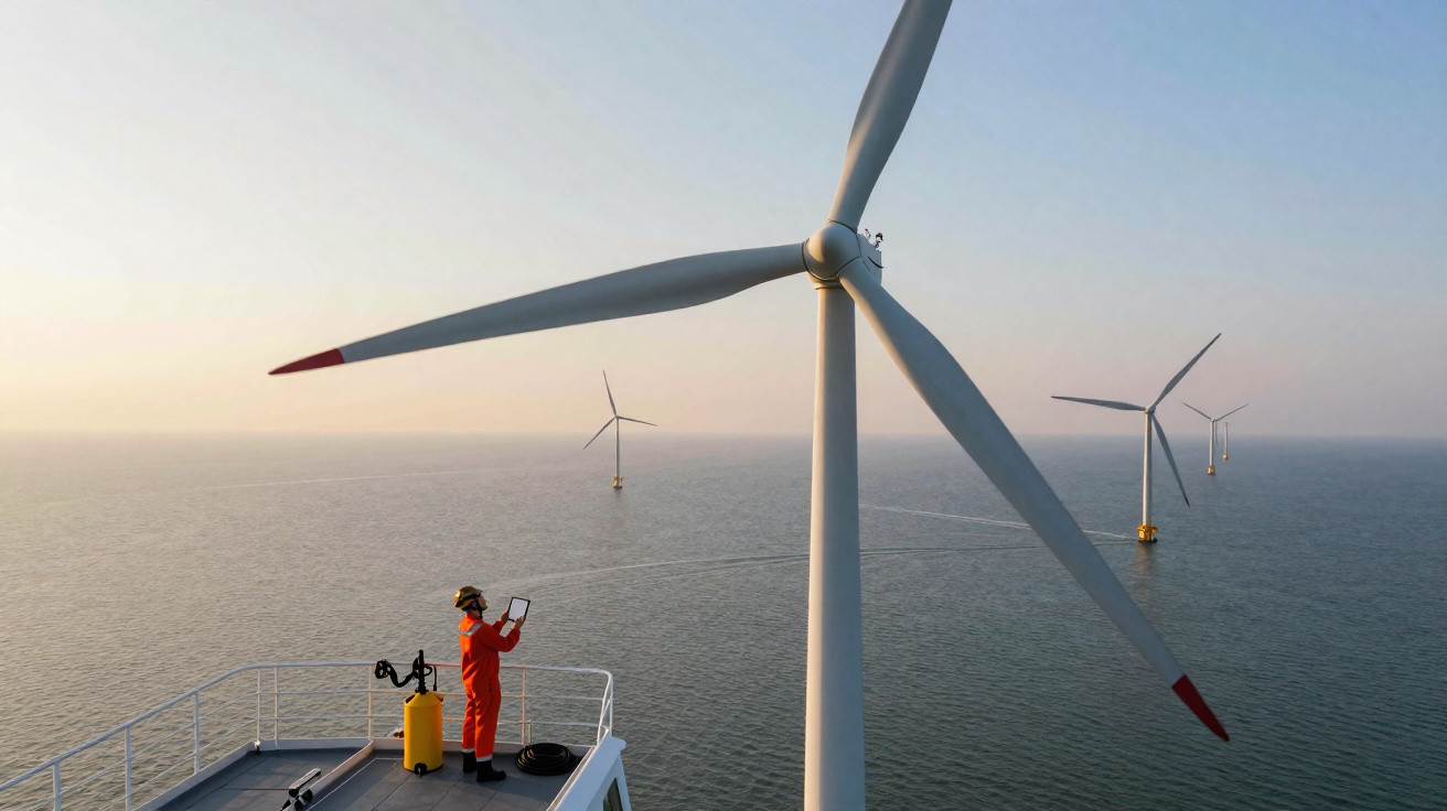 Técnico em roupa laranja inspeciona turbinas eólicas offshore sobre o mar ao pôr do sol.