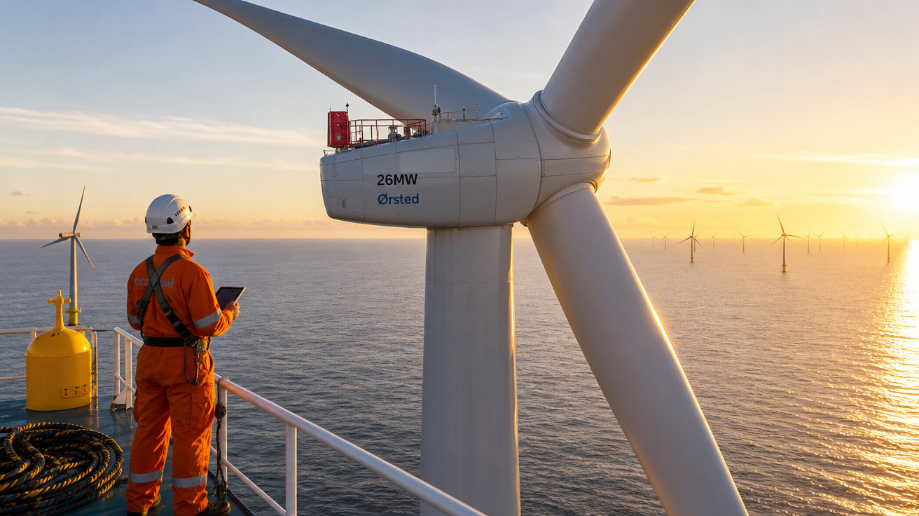 Trabalhador em equipamento de proteção observa turbina eólica offshore ao pôr do sol no mar.