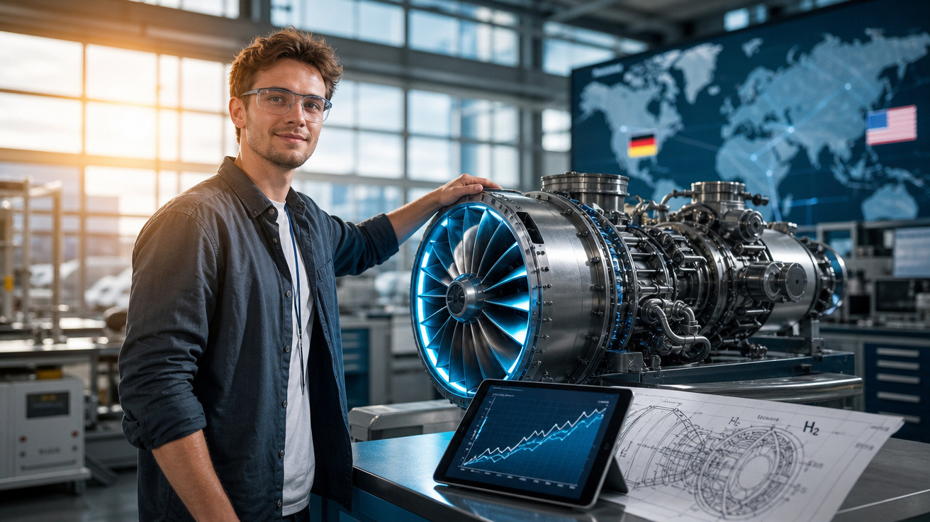 Engenheiro em laboratório industrial com maquete de motor a jato, tablet com gráfico e desenho técnico.