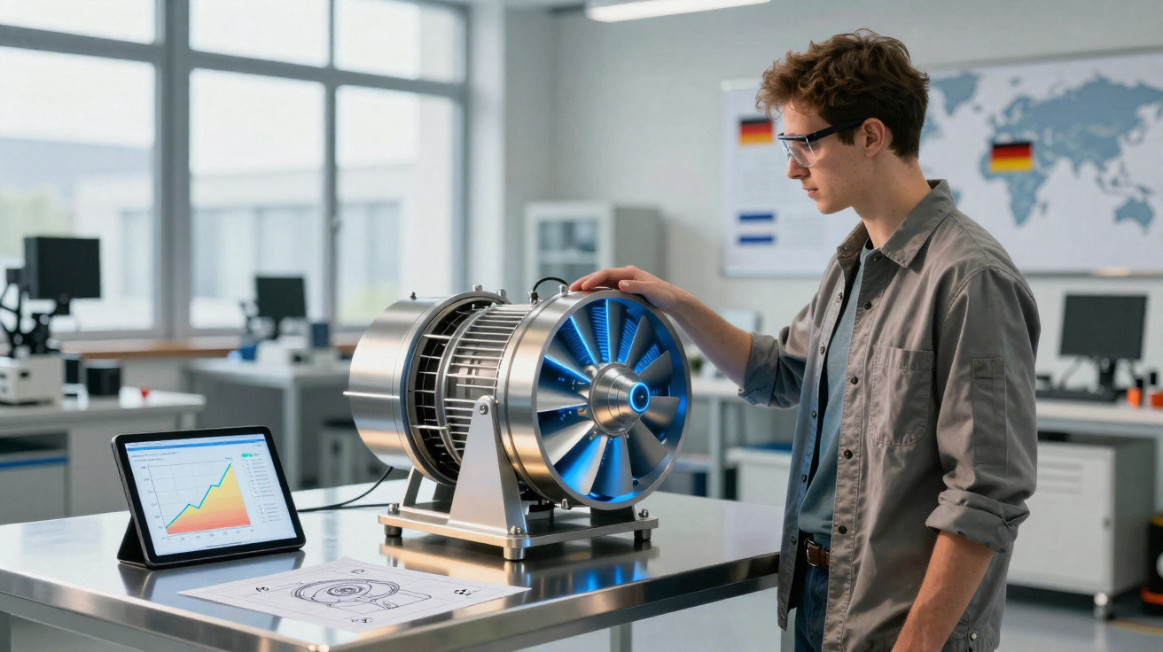 Jovem engenheiro ajusta turbina com hélices azuis em laboratório moderno e bem iluminado.