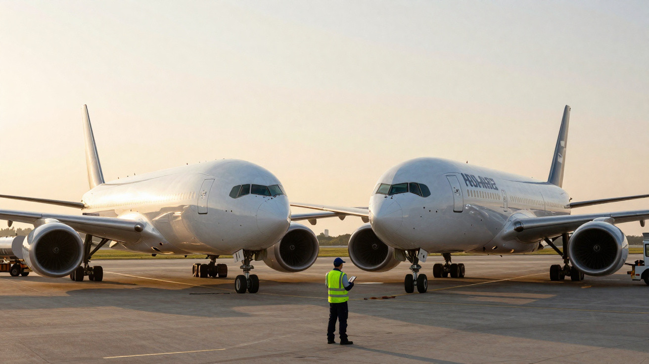 Dois aviões estacionados lado a lado em pista de aeroporto com funcionário em colete refletivo ao centro.