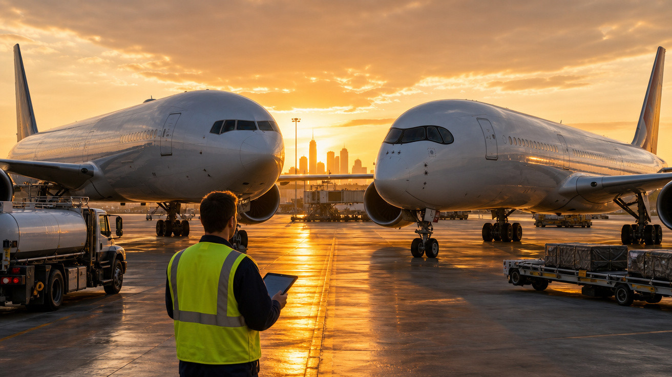 Homem com colete de segurança observa dois aviões no aeroporto ao pôr do sol.