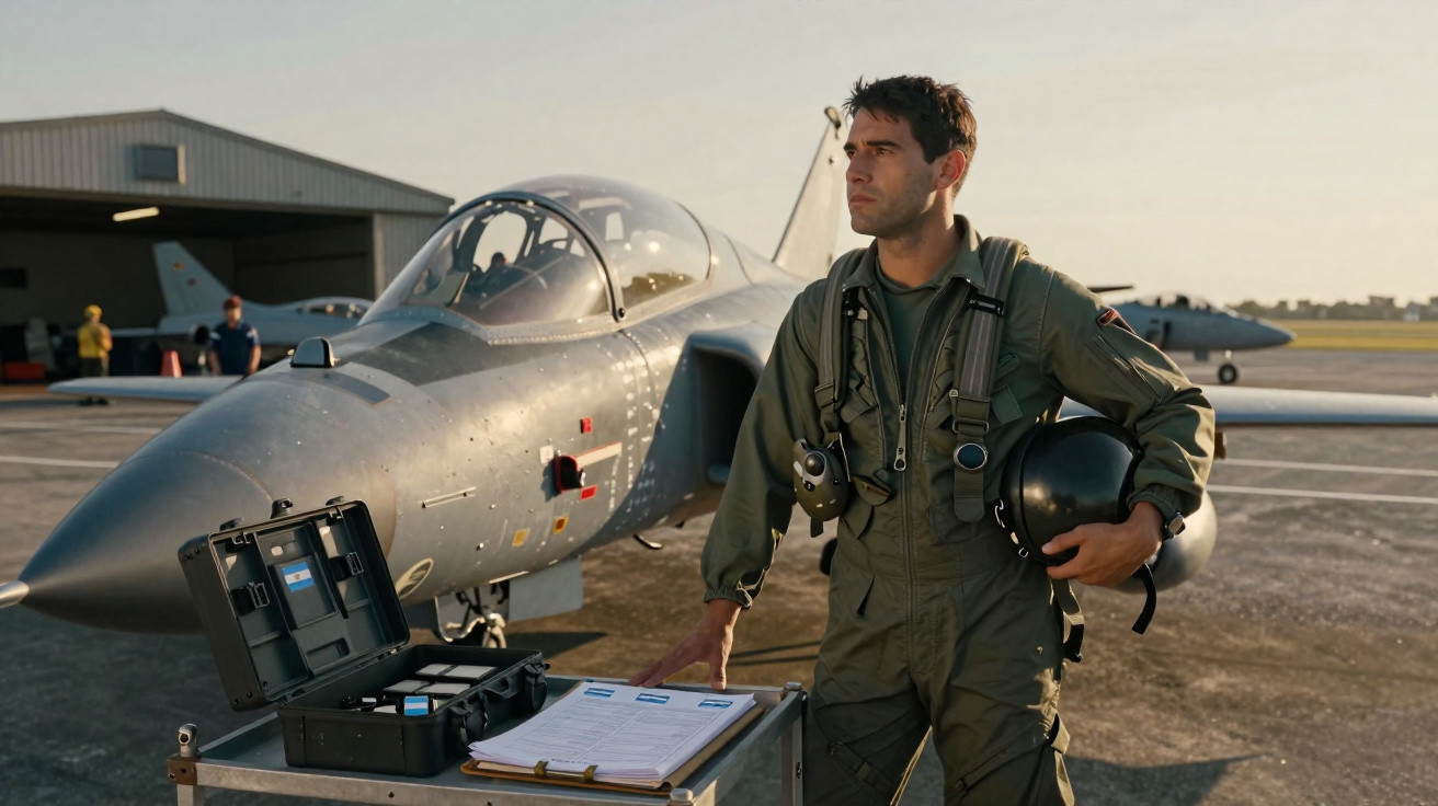 Piloto militar em traje de voo ao lado de caça estacionado em base aérea ao entardecer.