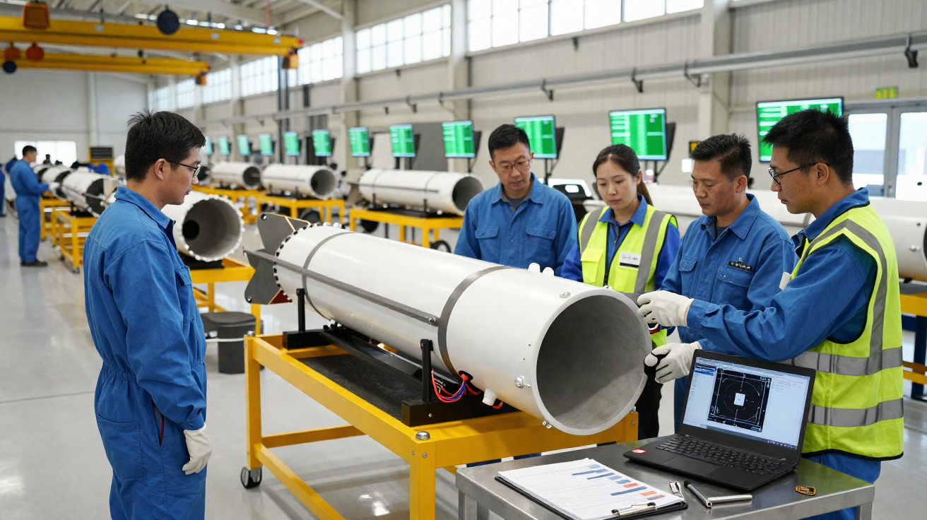Equipe de trabalhadores inspecionando peças cilíndricas brancas em linha de montagem industrial.