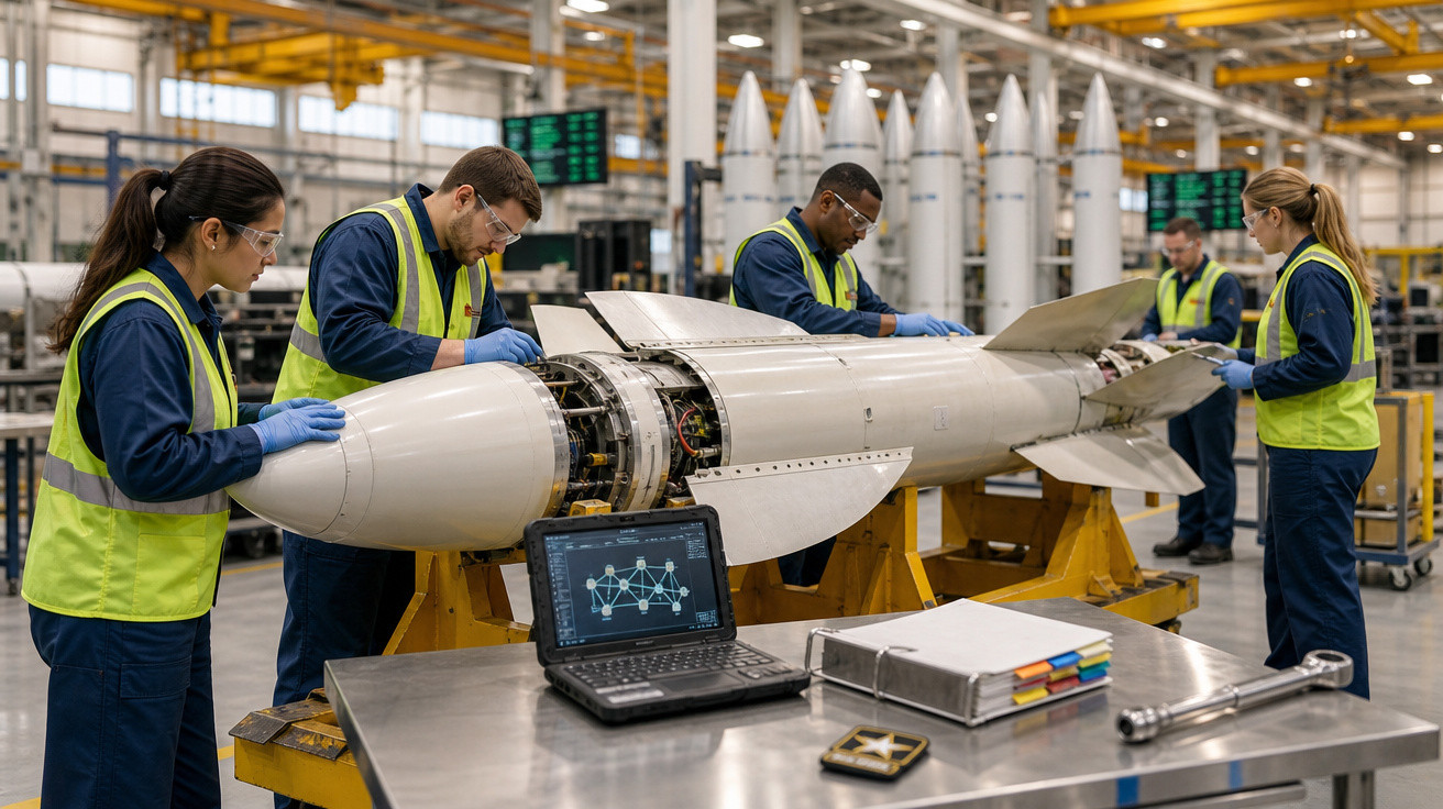 Equipe técnica inspecionando míssil em base industrial com equipamentos e computador ao redor.