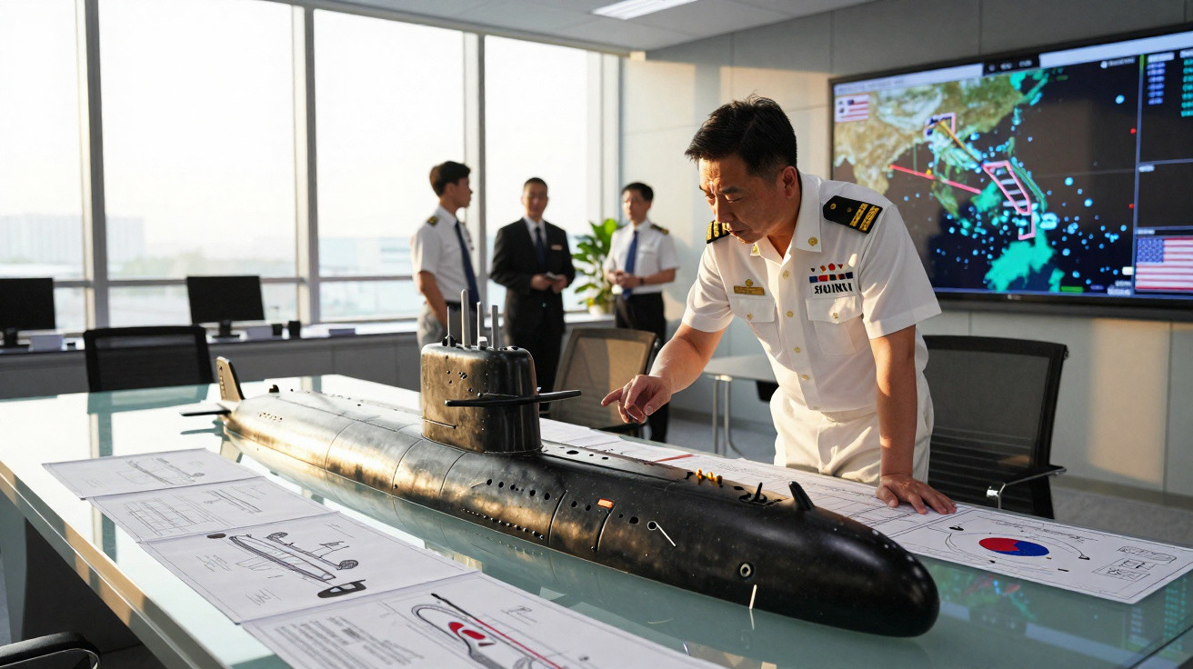 Oficiais navais analisam modelo de submarino e plantas em sala de comando com tela de monitoramento ao fundo.