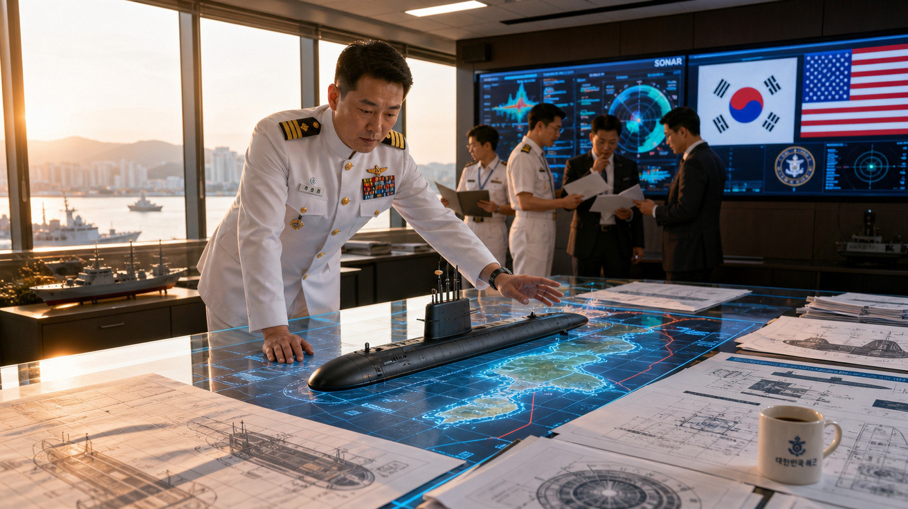 Oficiais militares sul-coreanos analisam modelo de submarino sobre mesa digital interativa em sala de operações.