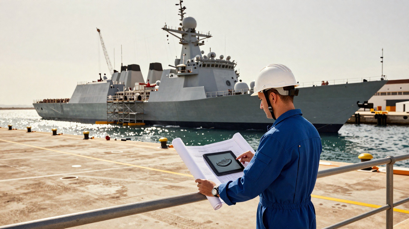 Homem usando capacete e macacão azul analisa plantas e tablet com navio militar atracado ao fundo.