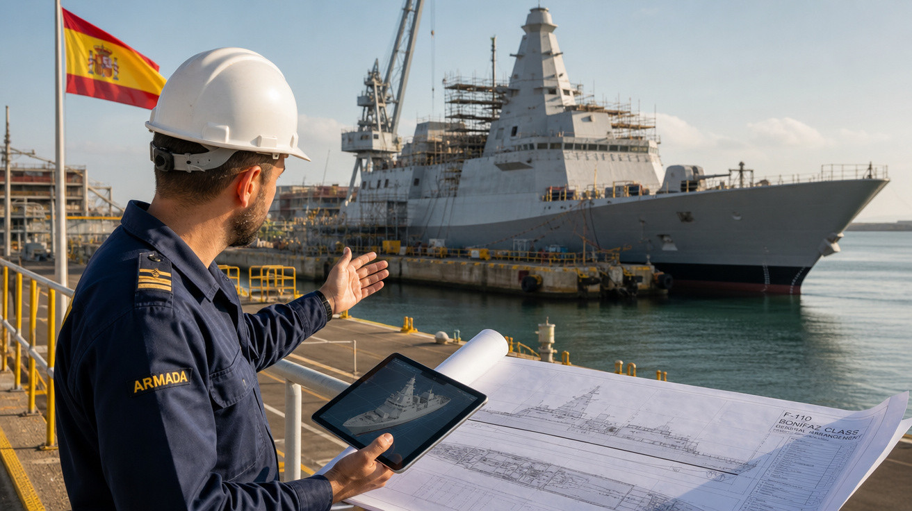Homem com capacete branco e tablet analisa projeto de navio militar em doca com bandeira da Espanha ao fundo.