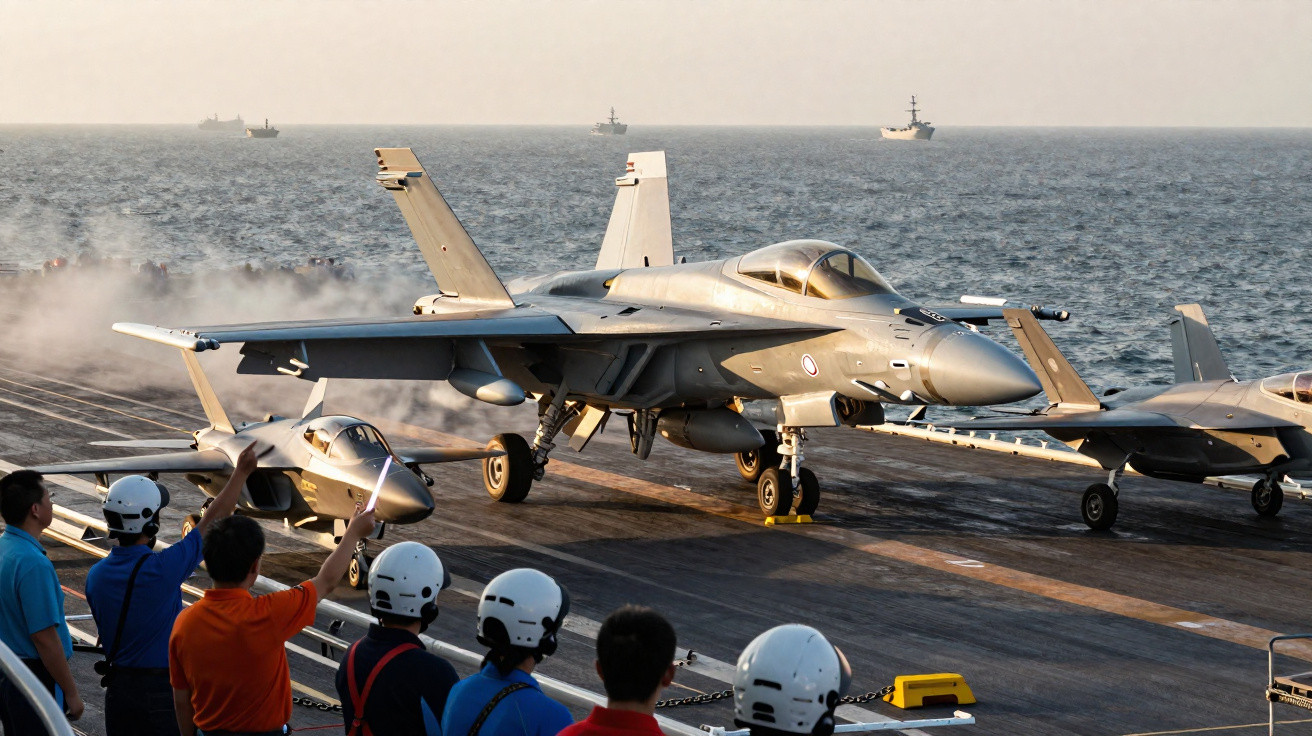 Caça militar decolando de porta-aviões com equipe de chão coordenando operação no mar ao entardecer.