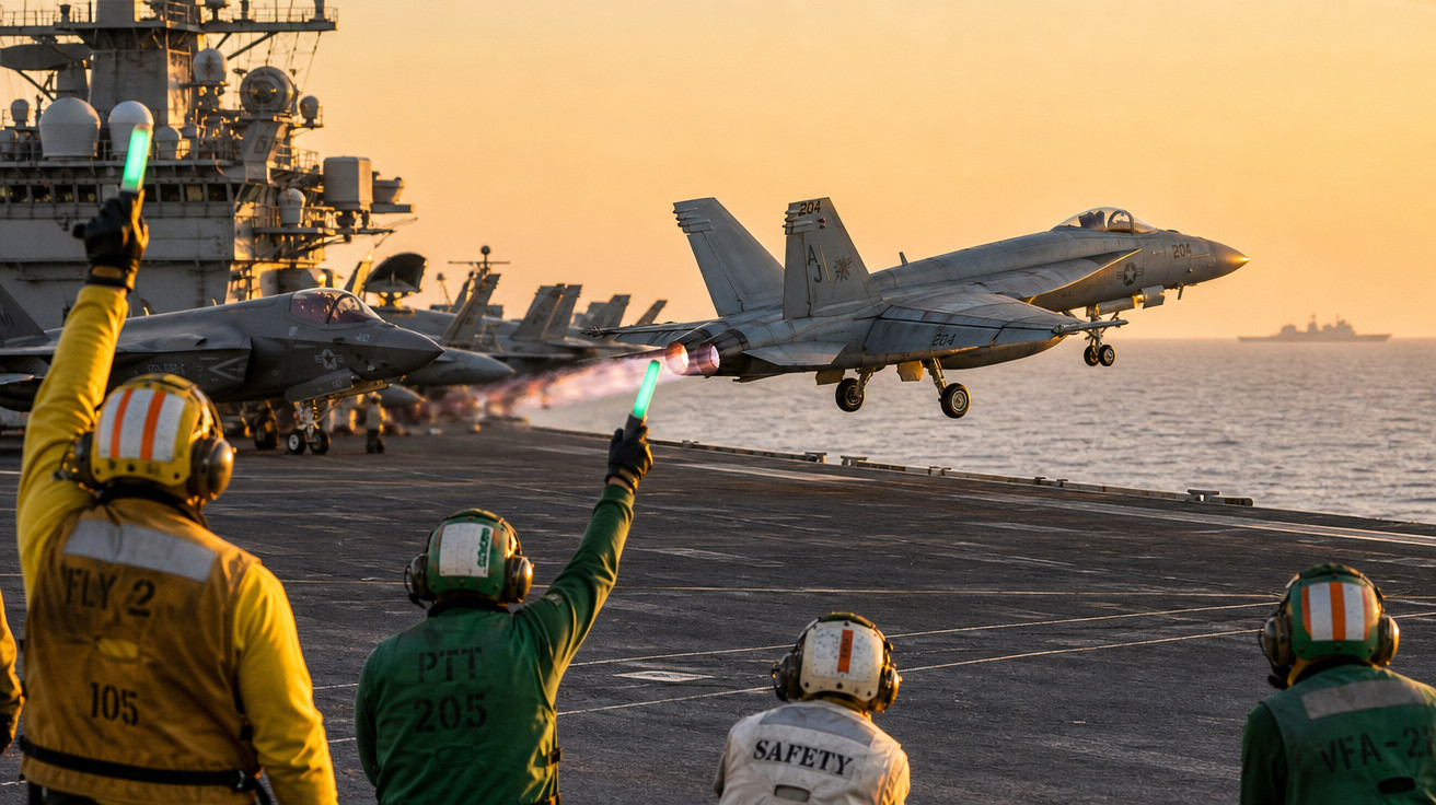Equipe de operação sinaliza durante decolagem de caça F/A-18 em porta-aviões ao pôr do sol.
