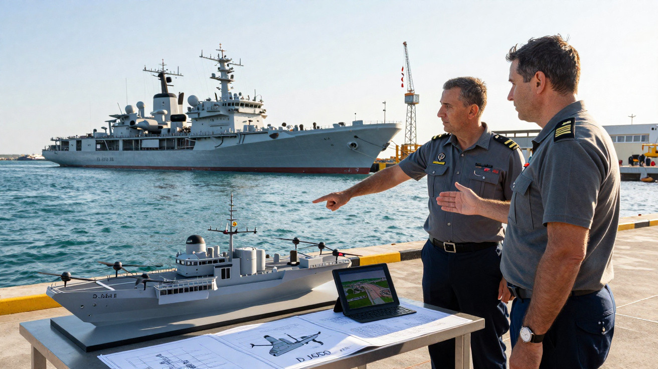 Dois militares observam maquete de navio em tabela próximo ao mar e embarcação real ao fundo.