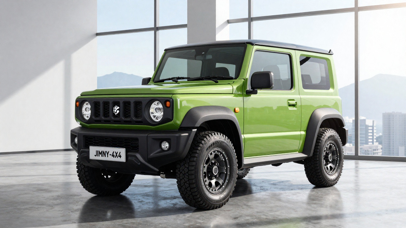 SUV compacto verde com rodas grandes estacionado em ambiente interno iluminado por janelas grandes.