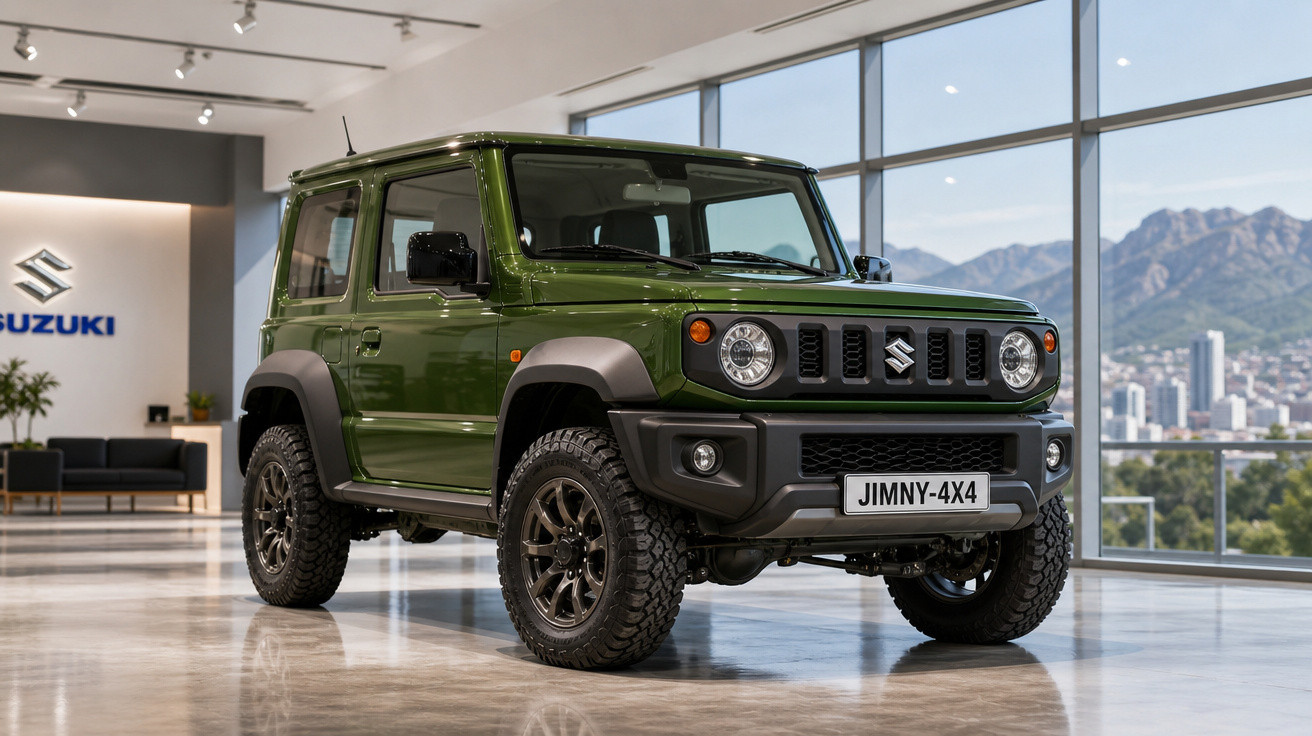 SUV Suzuki Jimny 4x4 verde em exposição interna com vista urbana ao fundo.