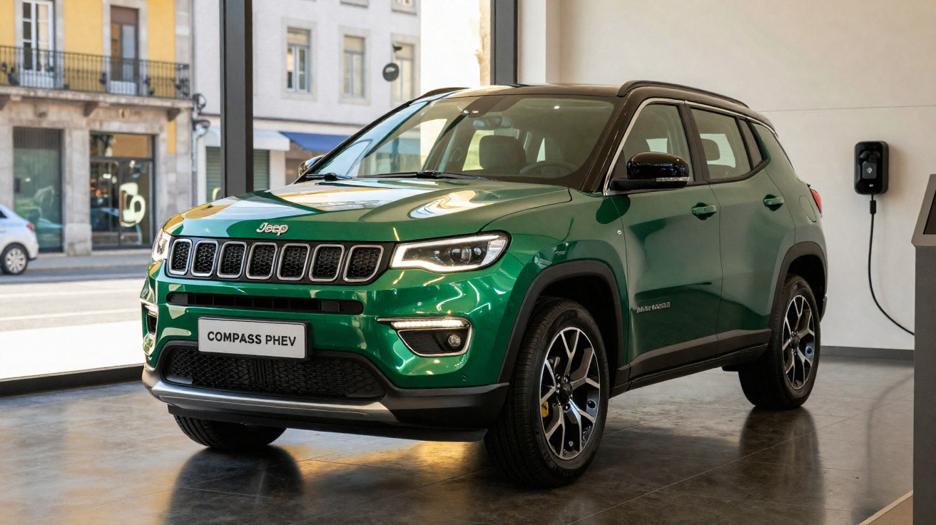 SUV Jeep Compass PHEV verde exposto em showroom com parede branca e janela grande.