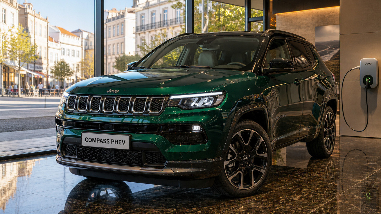 SUV Jeep Compass PHEV verde em exposição em showroom com carregador elétrico conectado à parede.
