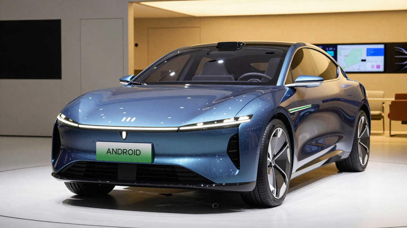Carro elétrico azul metálico futurista exibido em ambiente interno com placa "ANDROID".