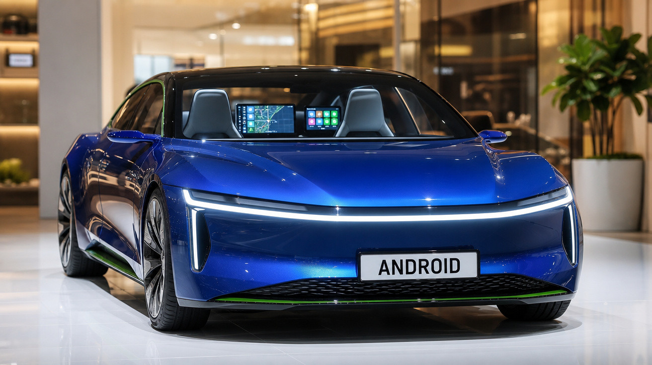 Carro esportivo elétrico azul com placa "ANDROID" exibido em ambiente interno moderno.