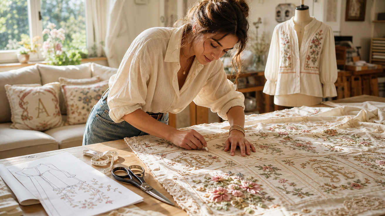 Mulher bordando tecido com desenhos florais em ateliê com desenho da blusa sobre a mesa e manequim ao fundo.
