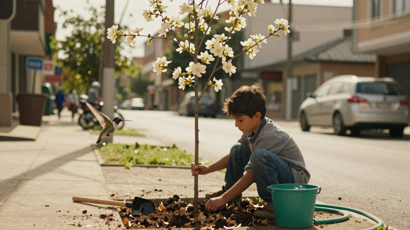 Menino plantando árvore florida em calçada urbana com pá, regador e beija-flor próximo.