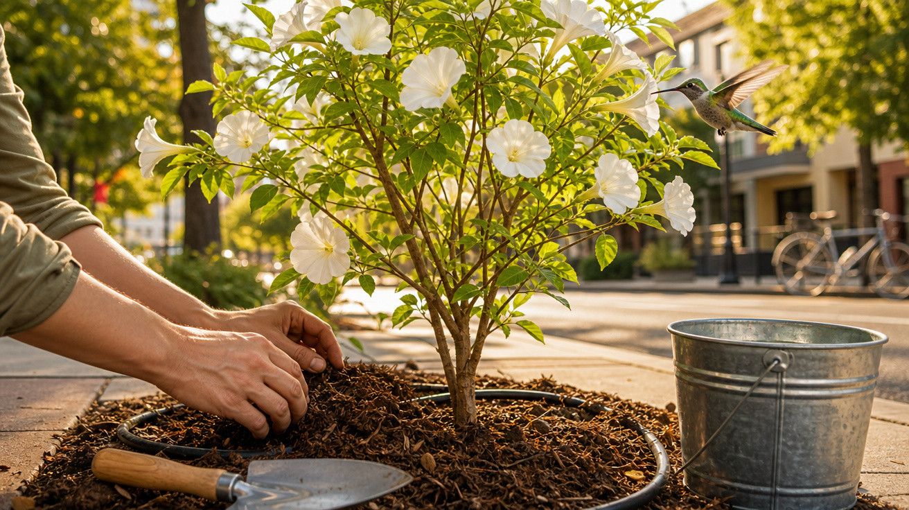 Pessoa cuidando de planta com flores brancas em área urbana, com beija-flor e regador ao lado.
