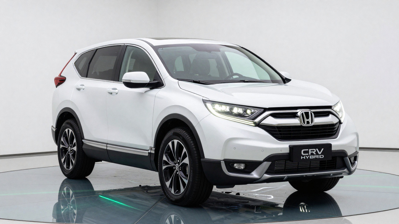 SUV branco Honda CR-V Hybrid em estúdio moderno com fundo cinza e piso refletivo.