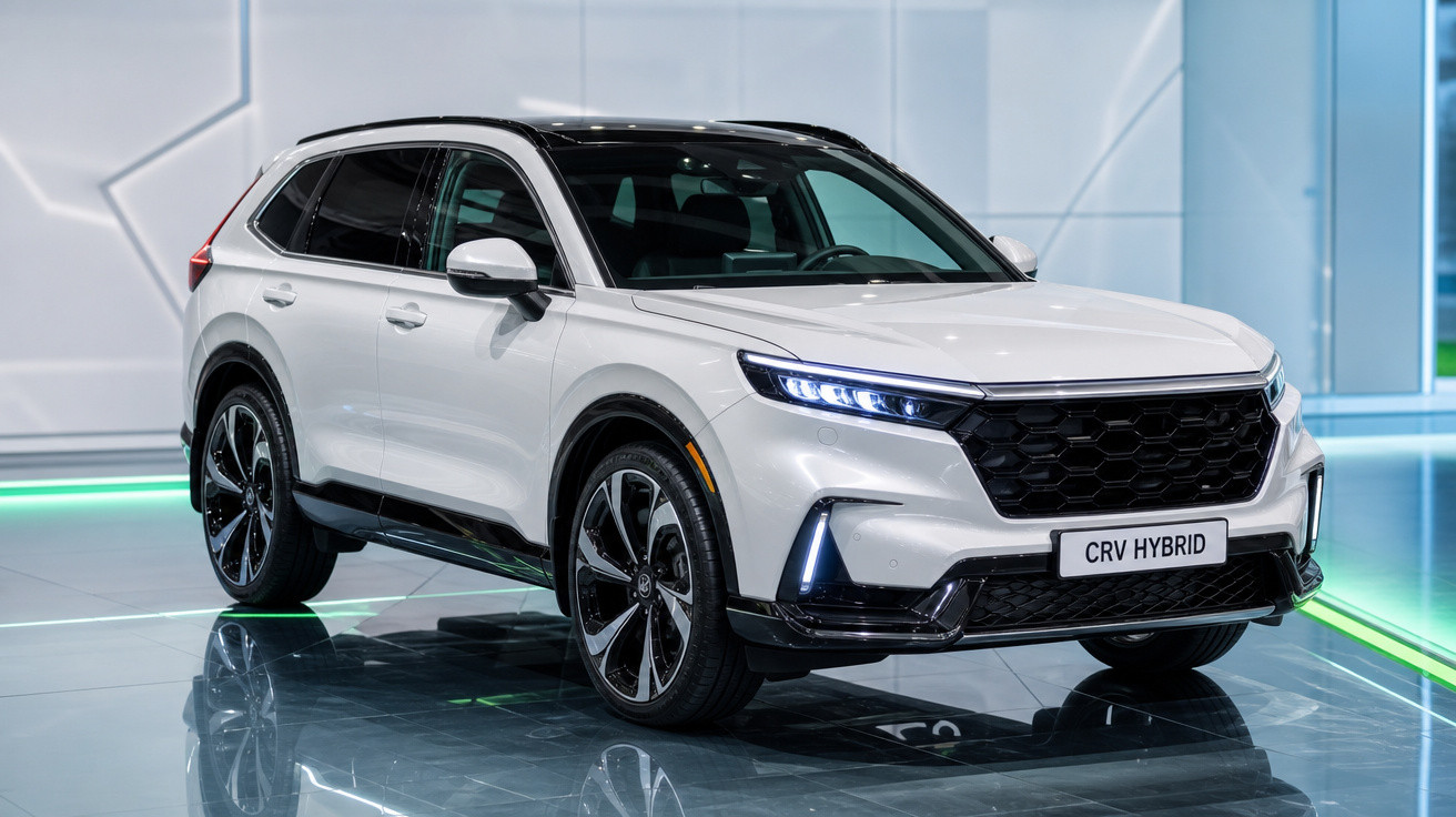 Carro SUV branco Honda CR-V Hybrid exibido em showroom moderno com piso espelhado e iluminação azul e verde.