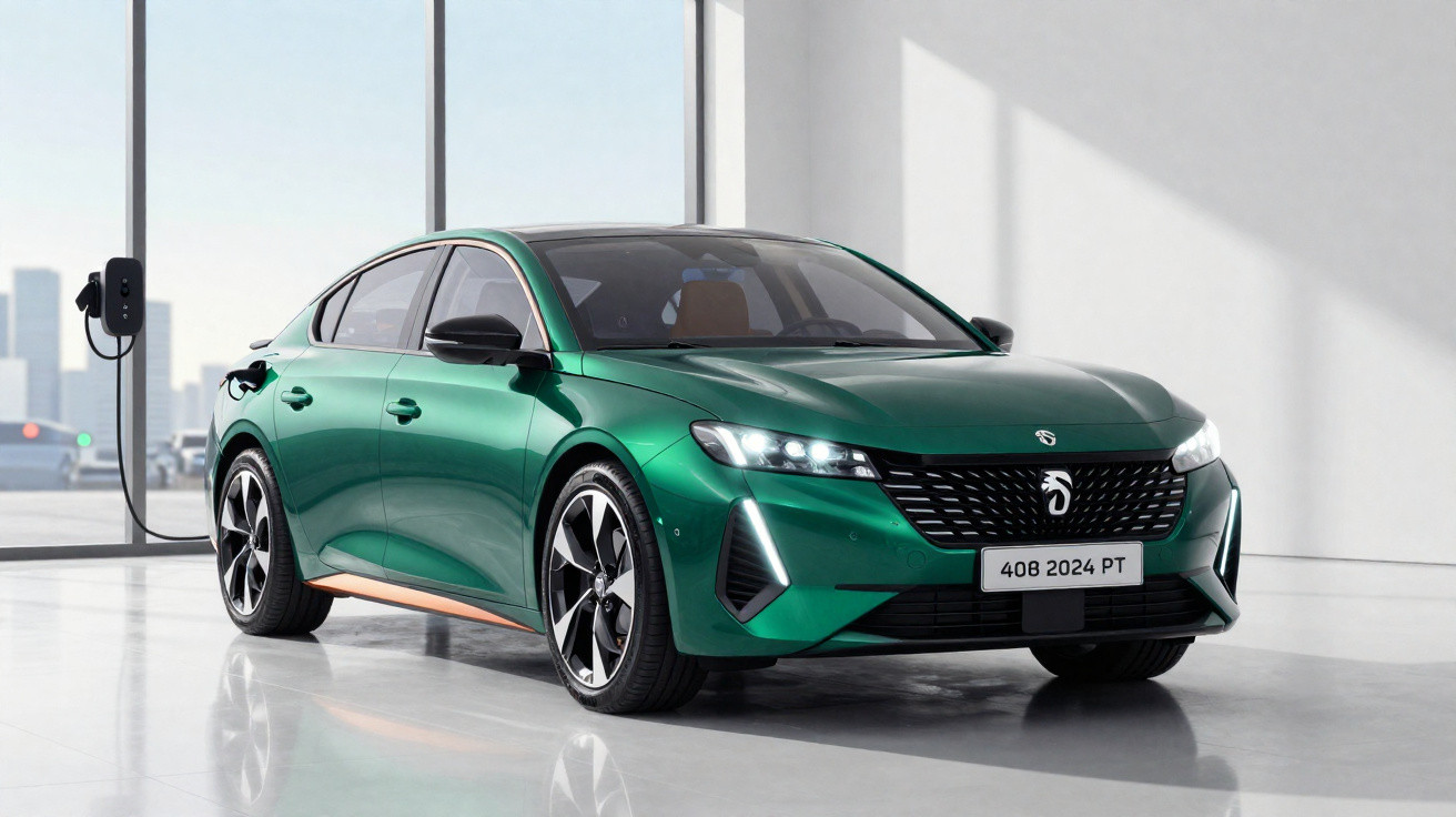 Carro sedan elétrico verde carregando em estação, interior amplo, faróis acesos, ambiente interno iluminado.