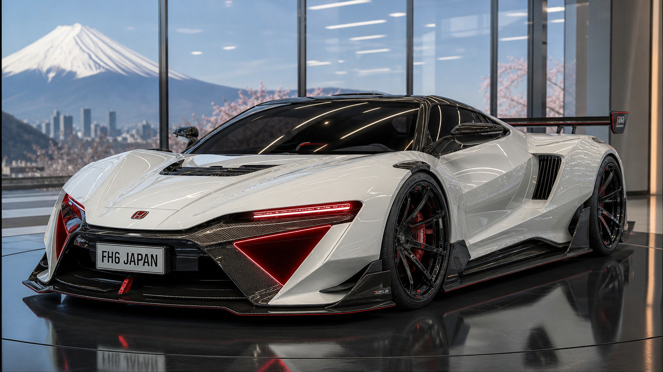 Carro esportivo branco com detalhes em carbono em exposição com montanha nevada ao fundo.