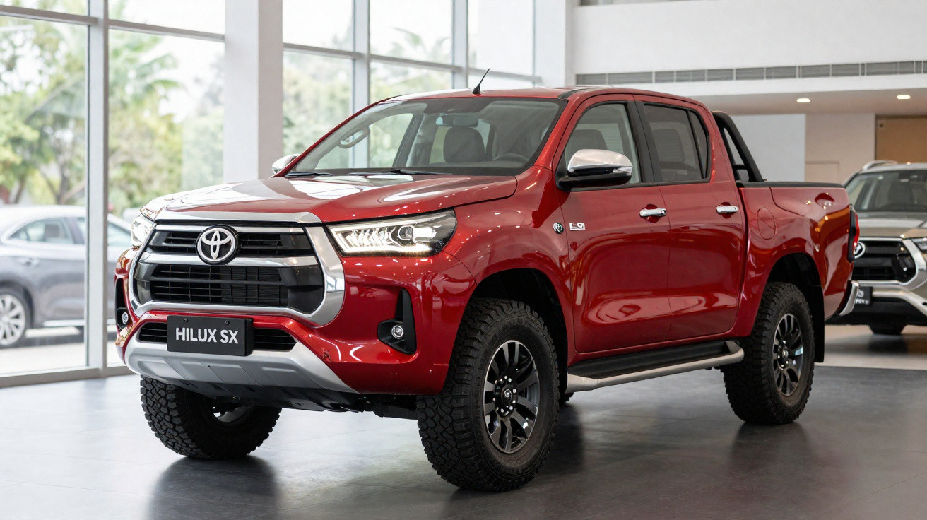 Picape Toyota Hilux SX vermelha exposta em showroom moderno com piso cinza e janelas amplas.