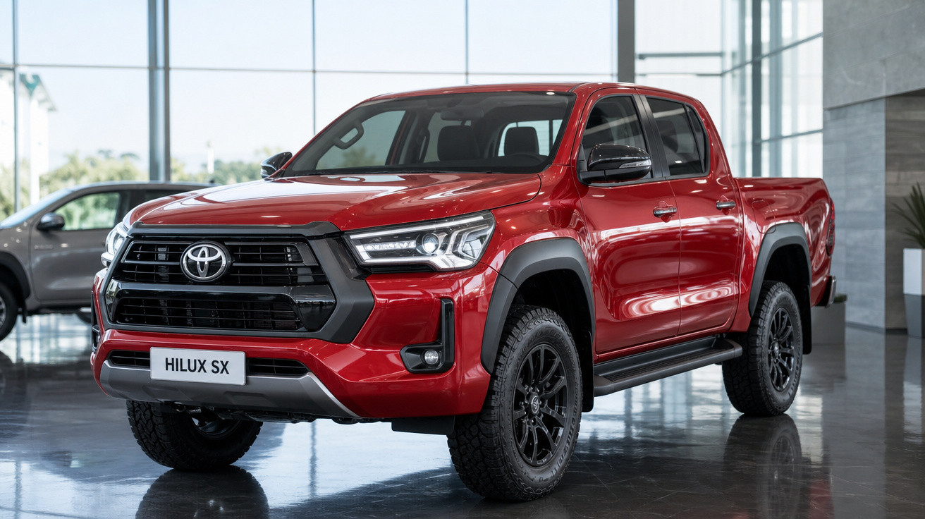 Picape Toyota Hilux SX vermelha em exposição interna com rodas pretas e detalhes em preto.