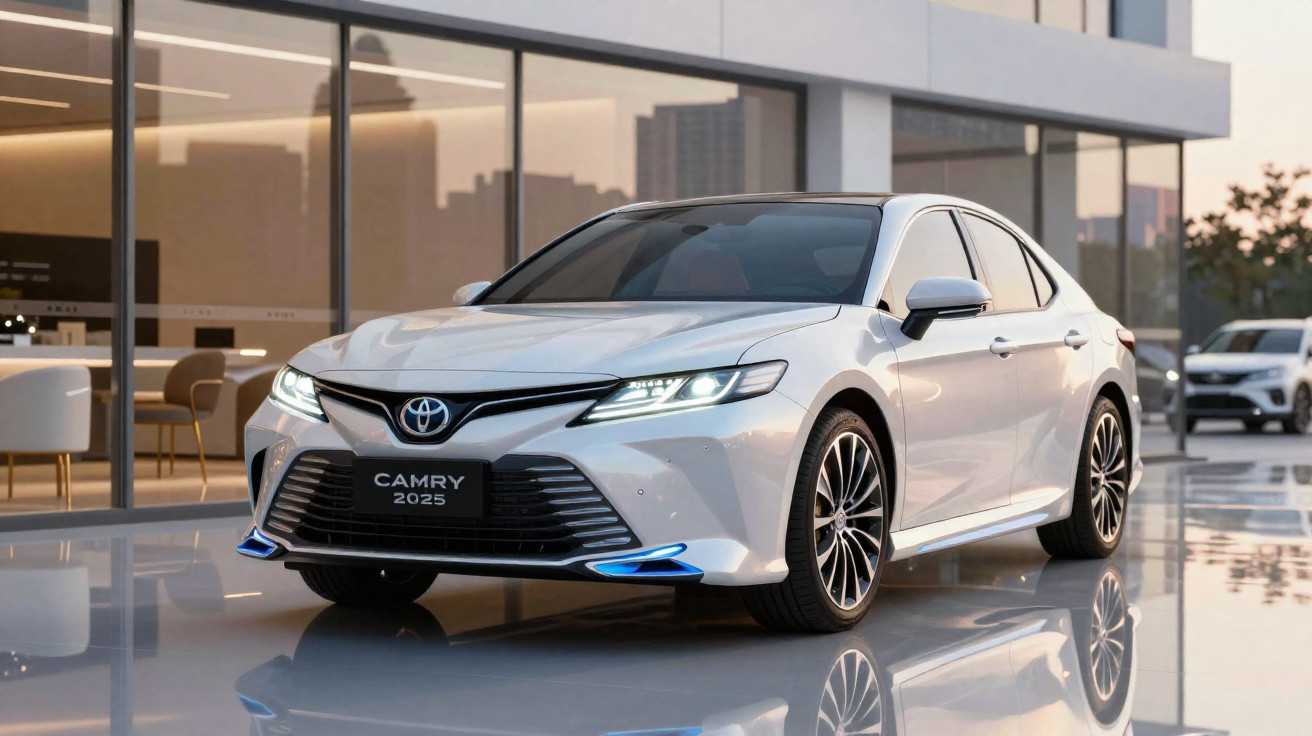 Carro branco Toyota Camry 2025 estacionado em piso refletivo próximo a prédio com vidros amplos.