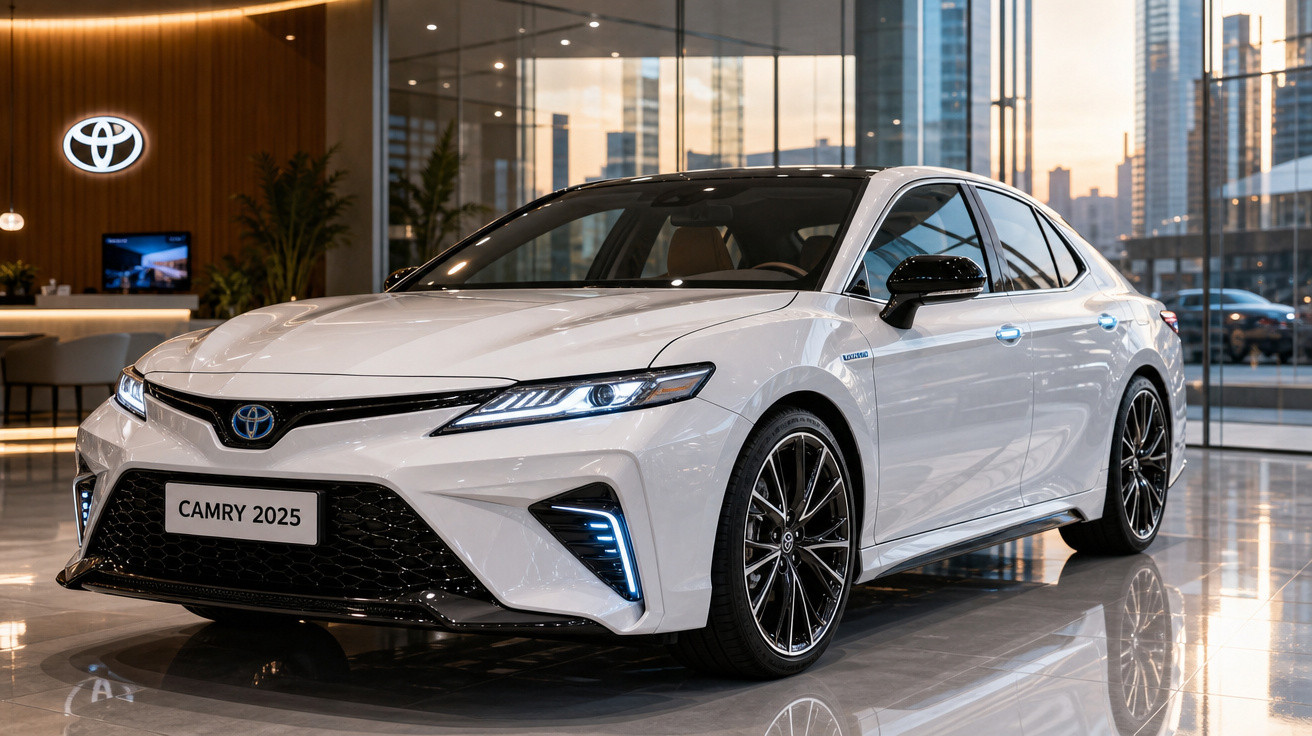Carro branco Toyota Camry 2025 híbrido estacionado em showroom moderno com vidros espelhados e iluminação interna.