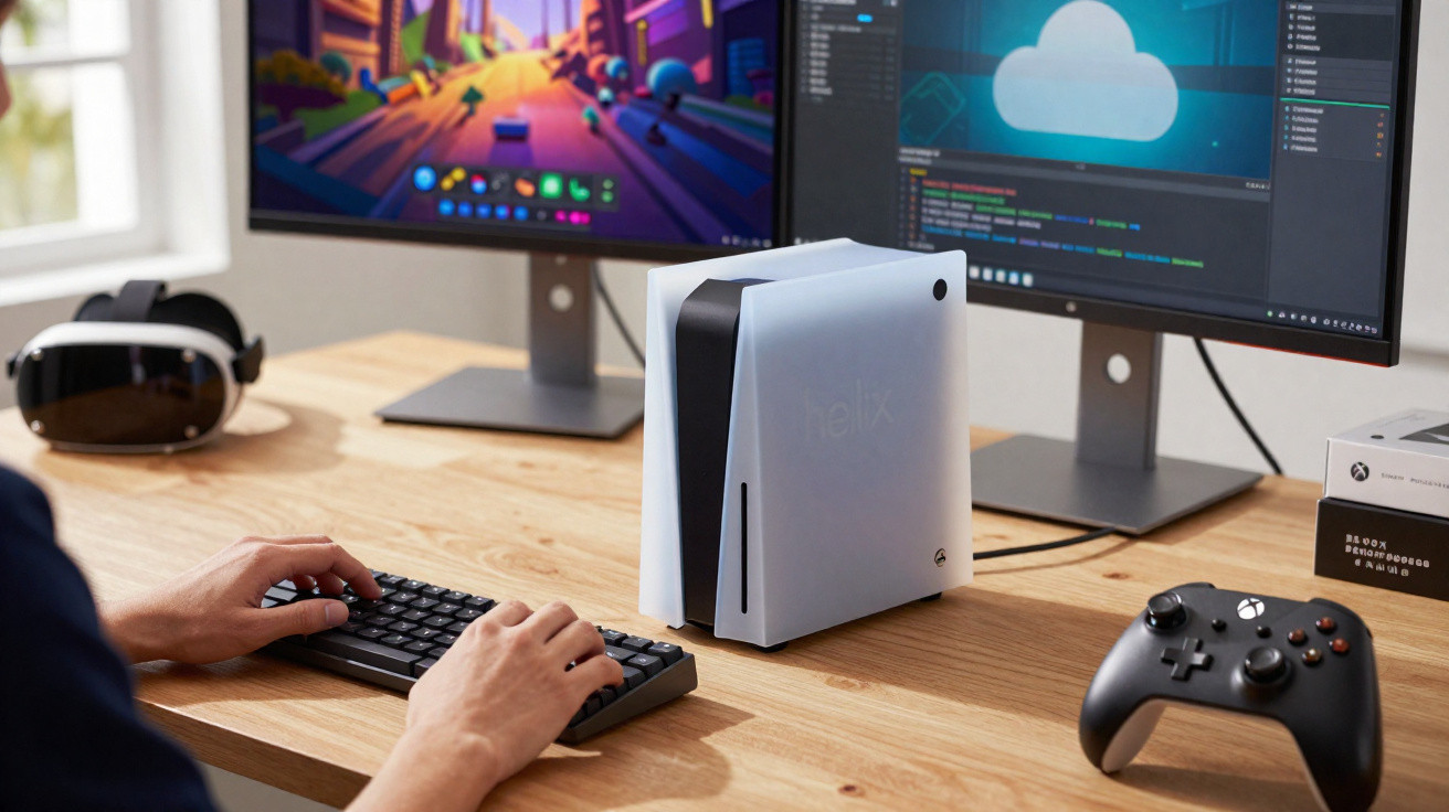 Mão digitando em teclado com computador Helix, controles e dois monitores em mesa de madeira.