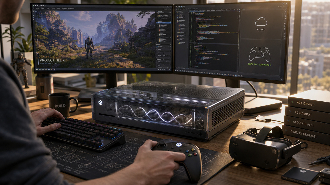 Pessoa usando controle Xbox na frente de PC para desenvolvimento de games com dois monitores e óculos de realidade virtual.
