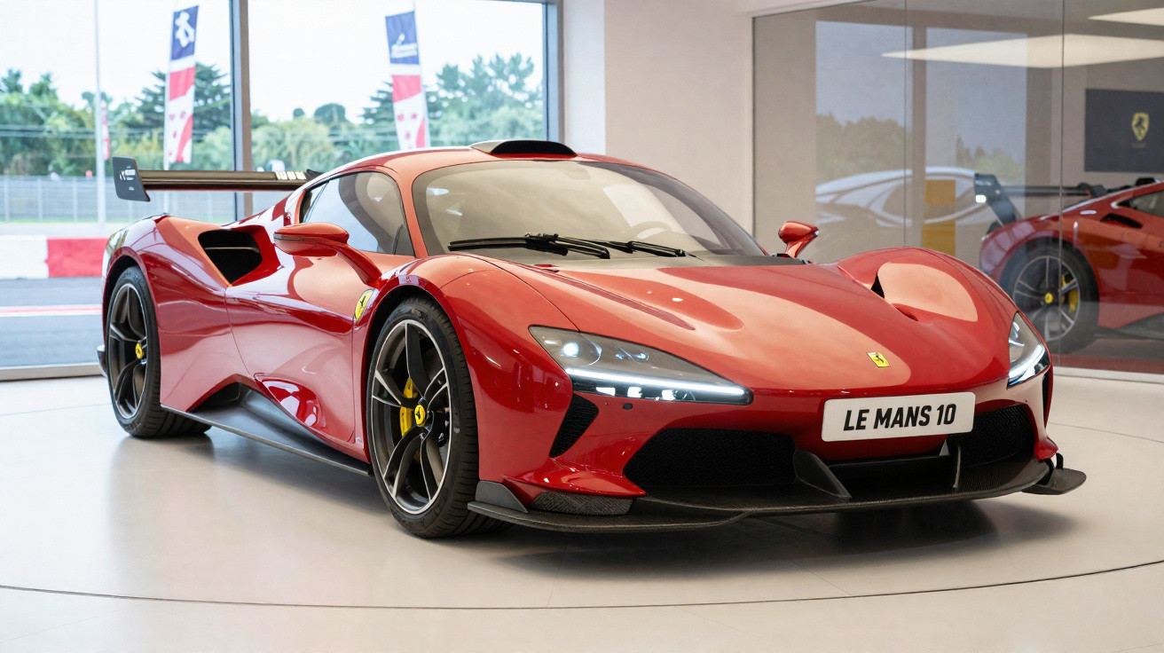 Carro esportivo vermelho Ferrari com aerofólio traseiro exibido em showroom moderno.