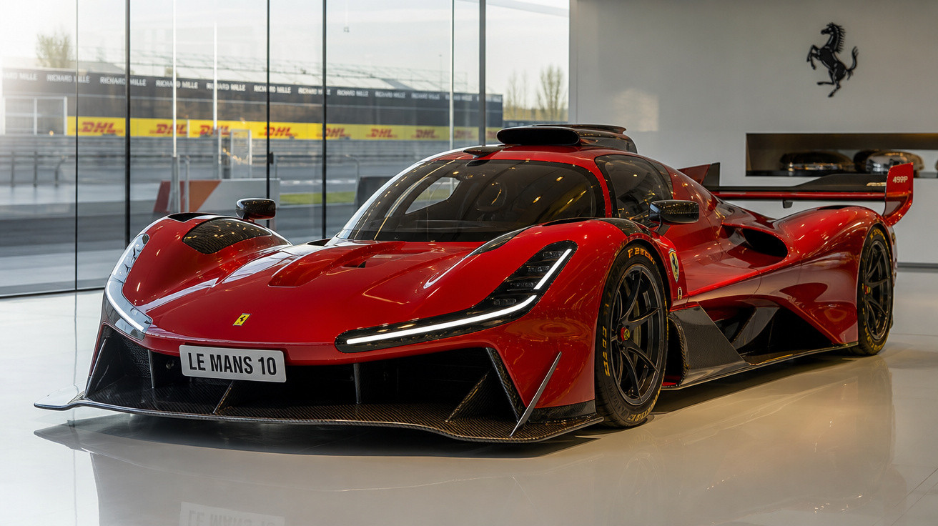 Carro de corrida vermelho Ferrari Le Mans 10 em exposição com detalhes aerodinâmicos e pneus slick.